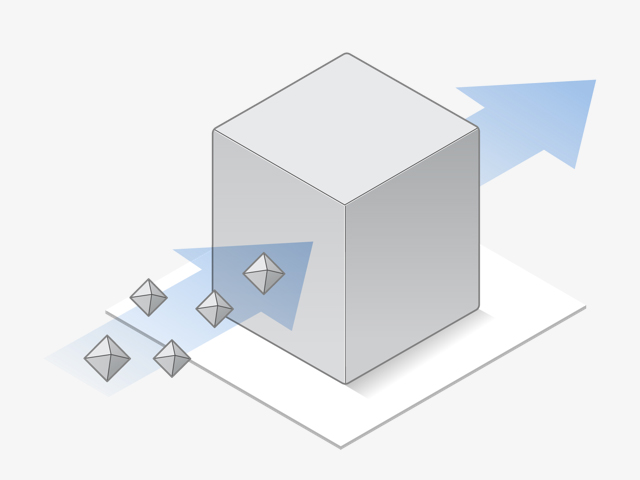 Diagramme montrant de petits objets pénétrant un cube, symbolisant la coopération ou la transformation au sein de l’adoucisseur d’eau Minimax.