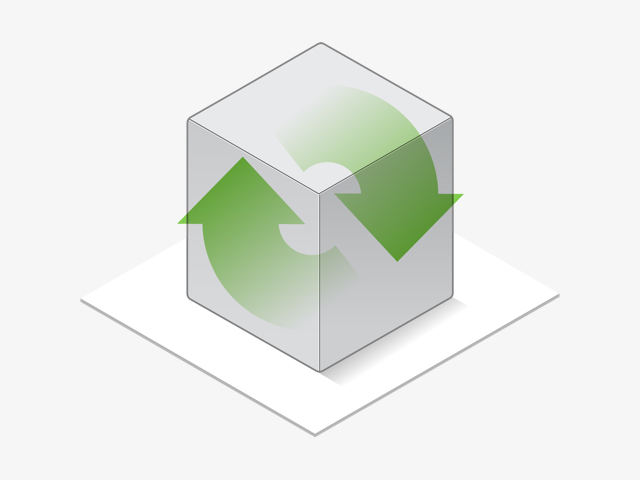 Illustration d’un cube transparent avec des flèches vertes formant un symbole de recyclage pour l’adoucisseur d’eau Minimax.