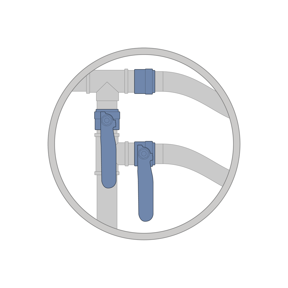 Illustration d’un tuyau avec deux vannes dans un cercle comme élément de l’adoucisseur d’eau Minimax.