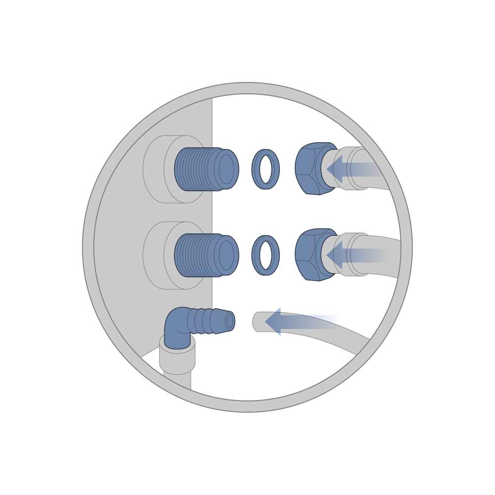 Diagramme d’un point de raccordement de l’adoucisseur d’eau Minimax avec différents connecteurs et conduites.