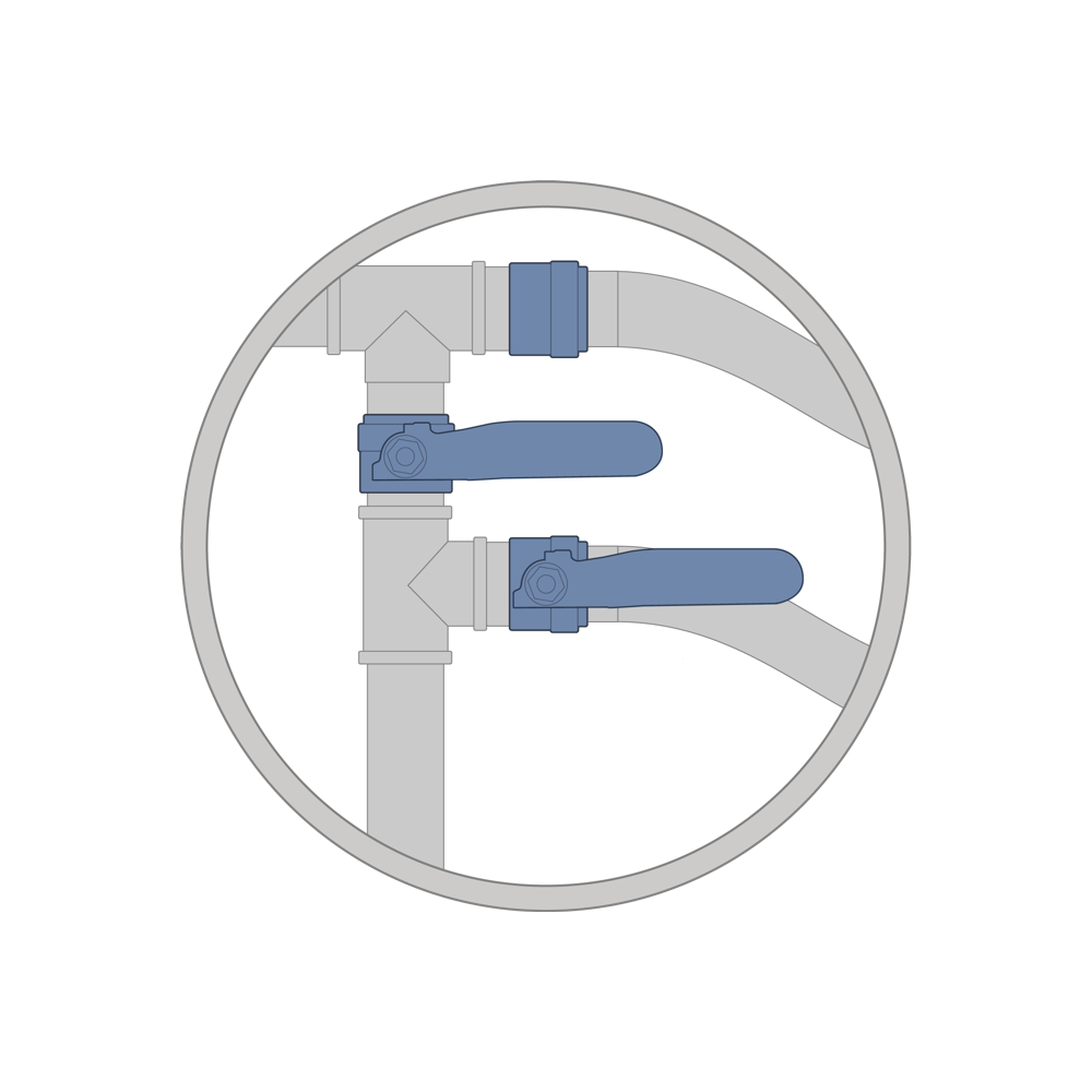 Illustration d’un raccordement de conduite d’eau avec indication claire du sens du flux pour l’adoucisseur d’eau Minimax.