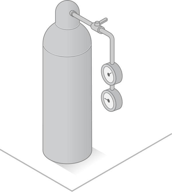 Illustration d’une bouteille de gaz cylindrique avec deux manomètres sur le côté comme élément de l’adoucisseur d’eau Minimax.